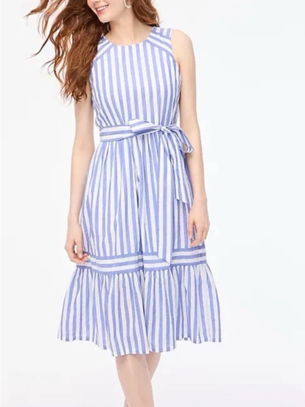 J Crew Midi Dress Belted Sleeveless Blue & White Striped Pockets 100% Cotton New
